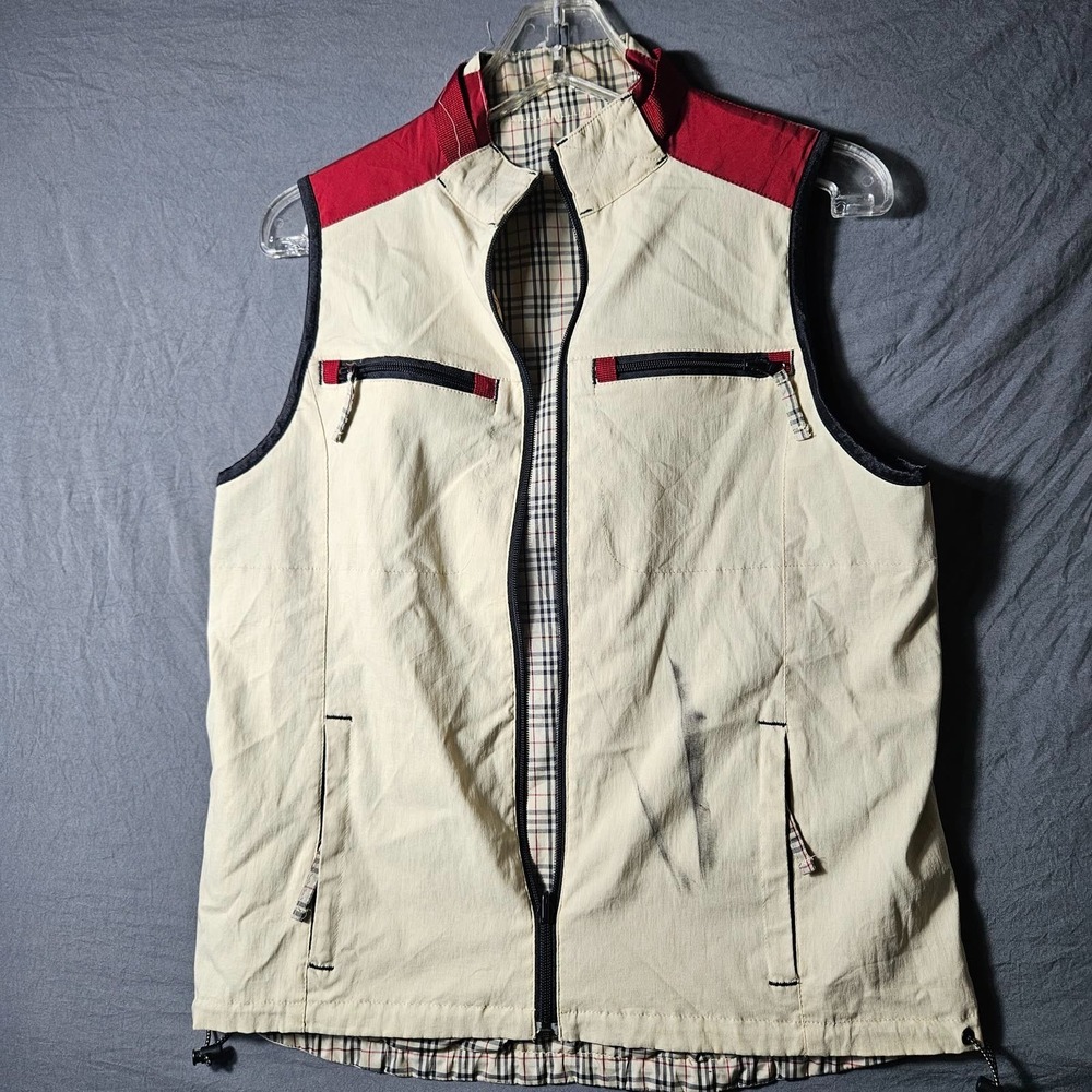 Spanner Reversible Vest Womens Petite M Tan Plaid Beige Full Zip Sleeveless